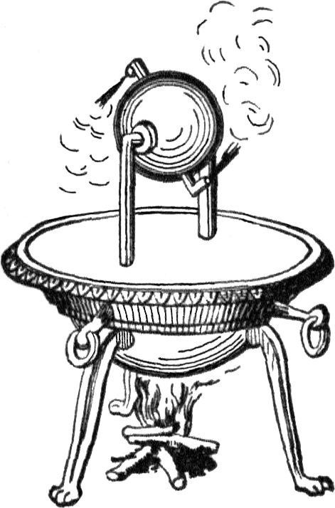 Black and white drawing of an aeolipile, a steam machine where a turbine is set on a cauldron full of water. This cauldron is in turn put over a small wood fire. The steam created by the water makes the turbine turn.