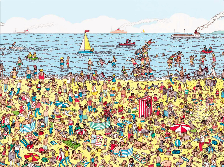 A « Where's Waldo » image of a beach with many characters, one of which is Waldo.