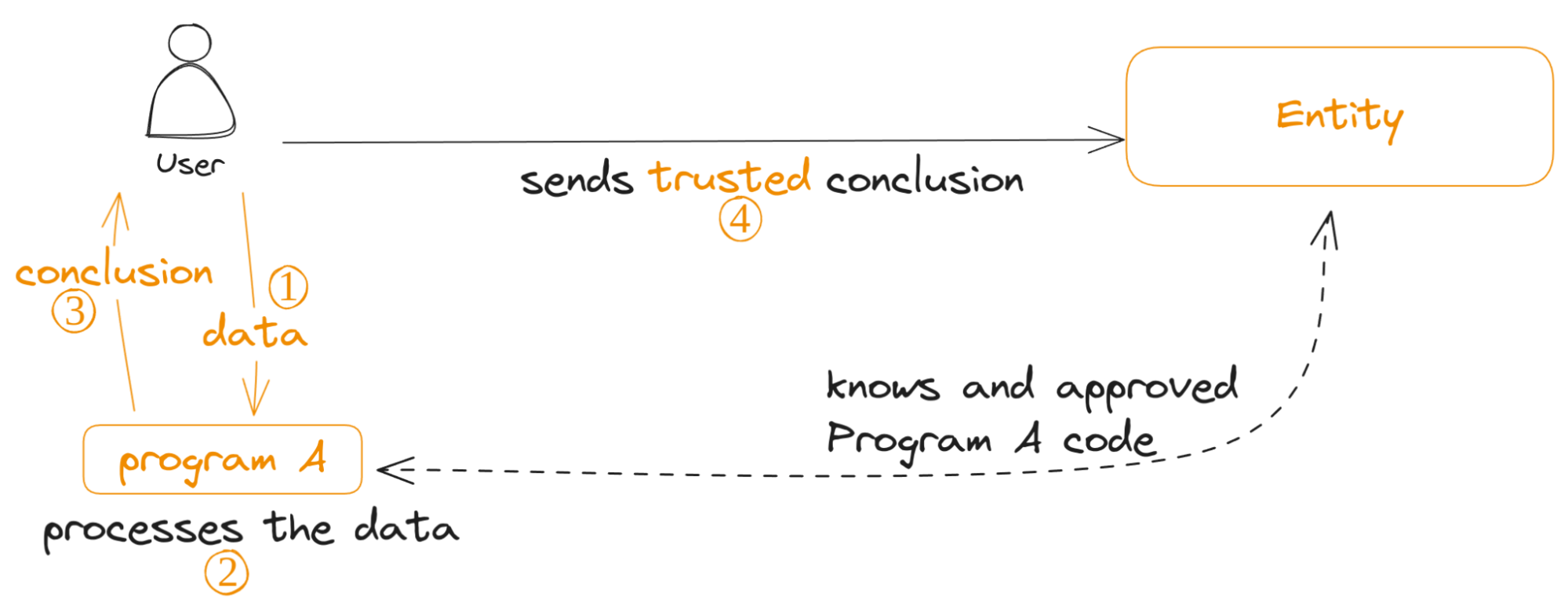 The Entity knows and has approved the code of Program A. The user sends data to Program A. Program A processes the data and returns a conclusion to the user. The User sends its trusted conclusion to the Entity.