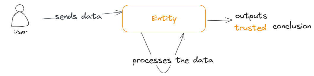 User sends data to Entity. Entity processes the data and outputs a trusted conclusion.