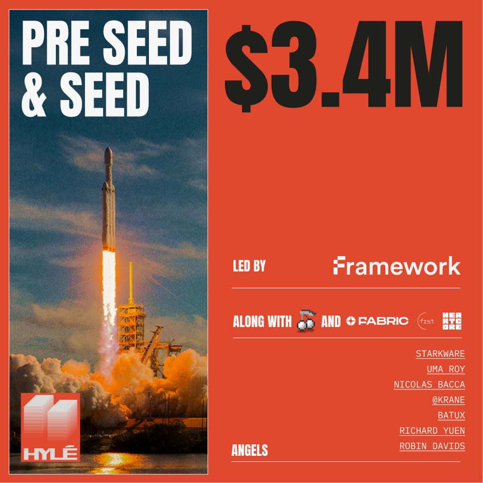 Rocket launch with text: "Pre Seed & Seed $3.4M". Led by Framework along with Cherry and Fabric, Frst and Heartcore. Angels include StarkWare, Uma Roy, Nicolas Bacca, Krane, Batux, Richard Yuen and Robin Davids.