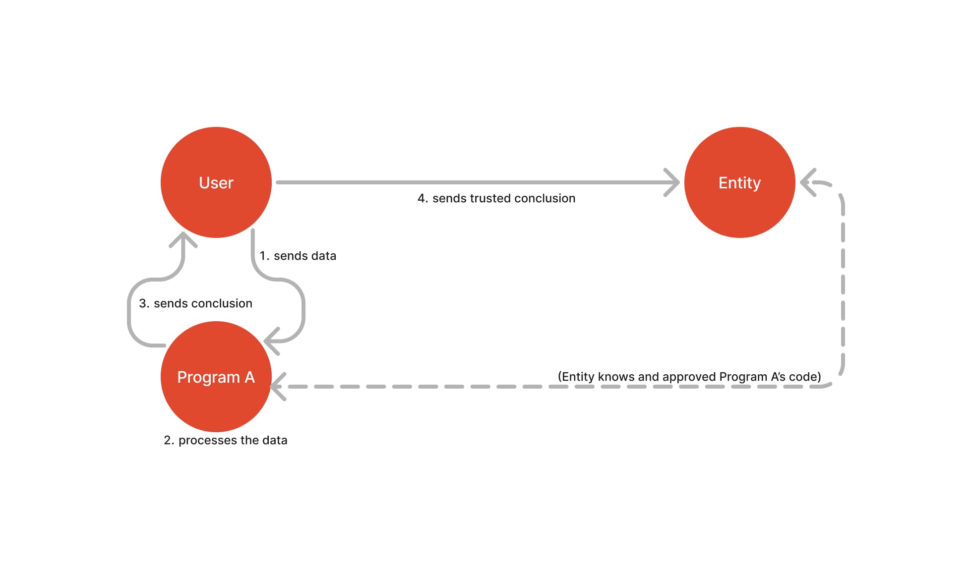 The Entity knows and has approved the code of Program A. The user sends data to Program A. Program A processes the data and returns a conclusion to the user. The User sends its trusted conclusion to the Entity.