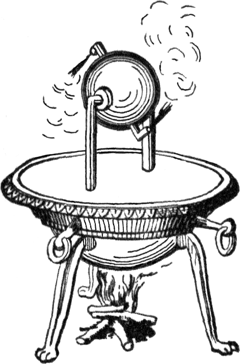 Black and white drawing of an aeolipile, a steam machine where a turbine is set on a cauldron full of water. This cauldron is in turn put over a small wood fire. The steam created by the water makes the turbine turn.