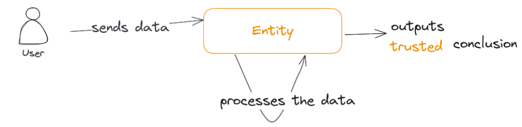 User sends data to Entity. Entity processes the data and outputs a trusted conclusion.